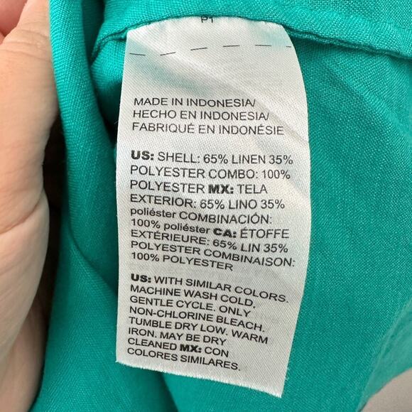 CHICO’S | Bright Green Linen Blend Satin Trim Popover Blouse | Size 2 Large - Picture 7 of 7